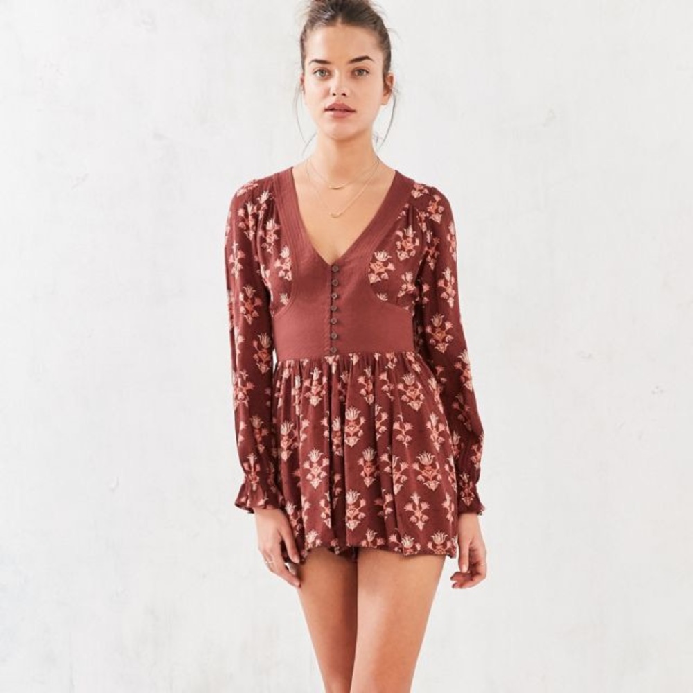 Urban Outfitters Ecote Pia Long-Sleeve Button-Waist Floral Romper